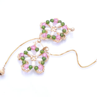 天然石のフリージア花模様ピアス・《ピンクトパーズ＆ダイオプサイド》14kgf【3way】